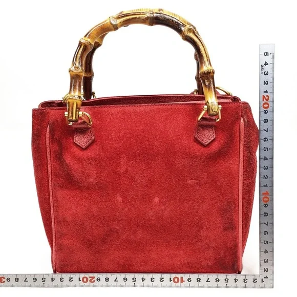 Gucci Red Suede and Leather Handbag with Bamboo Handle - Picture 2 of 9
